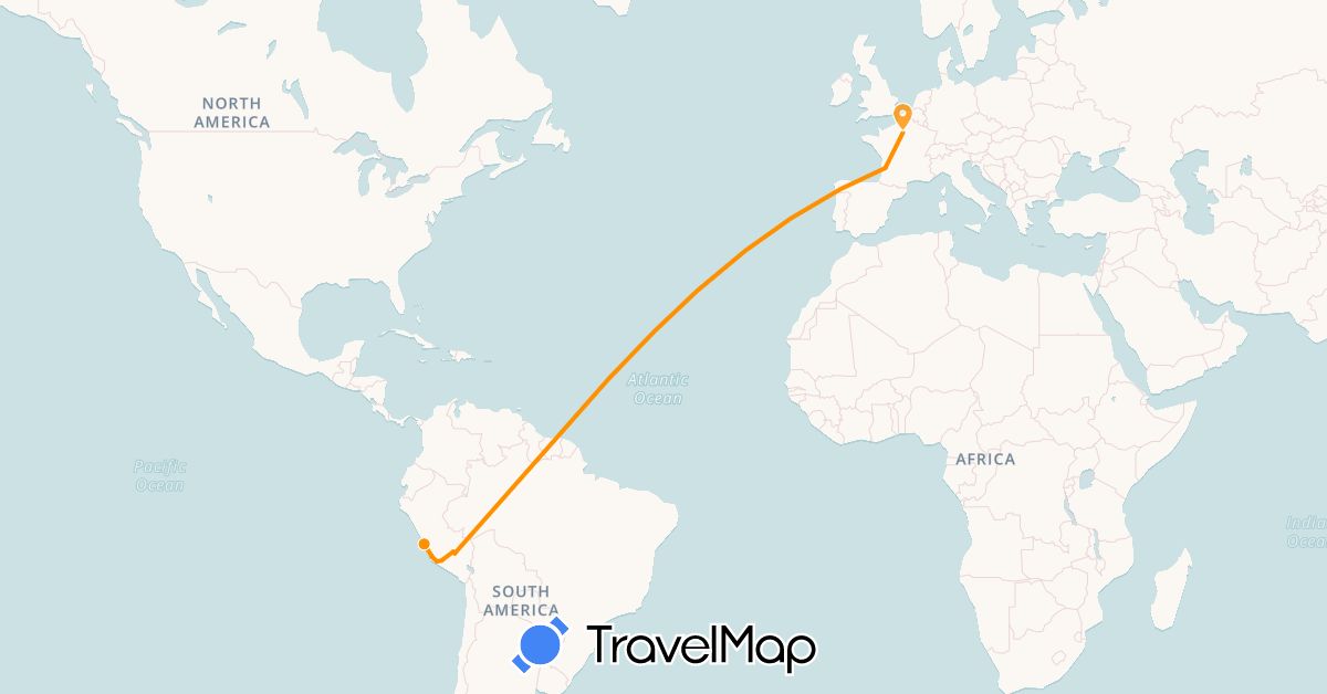 TravelMap itinerary: driving, hitchhiking in France, Peru (Europe, South America)